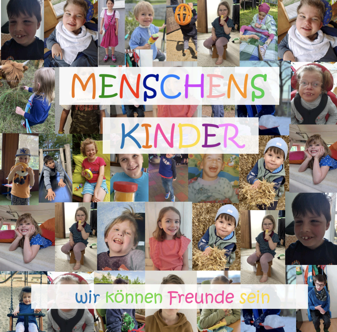 Titelbild MENSCHENSKINDER in bunten Großbuchstaben mit Untertitel: "Wir können Freunde sein " im Hintergrund Portraitfotos von Kindern mit und ohne Behinderungen